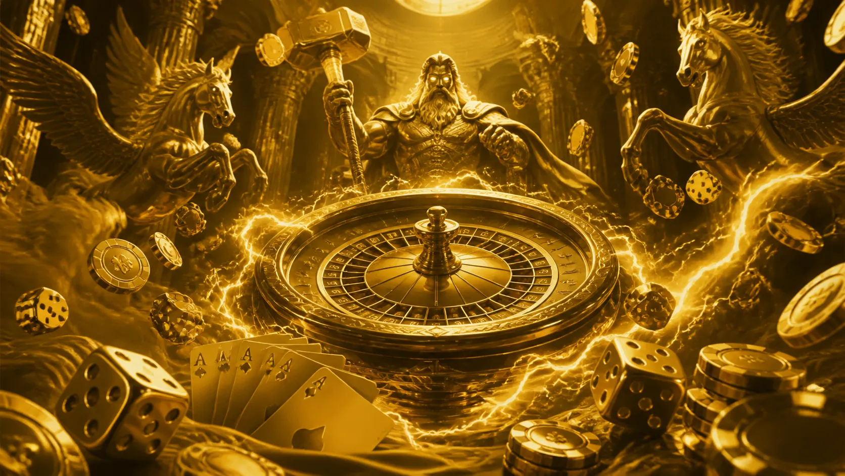 Glossy 3D render of floating golden poker chips and a roulette wheel with blue and gold accents, exuding luxury and excitemen