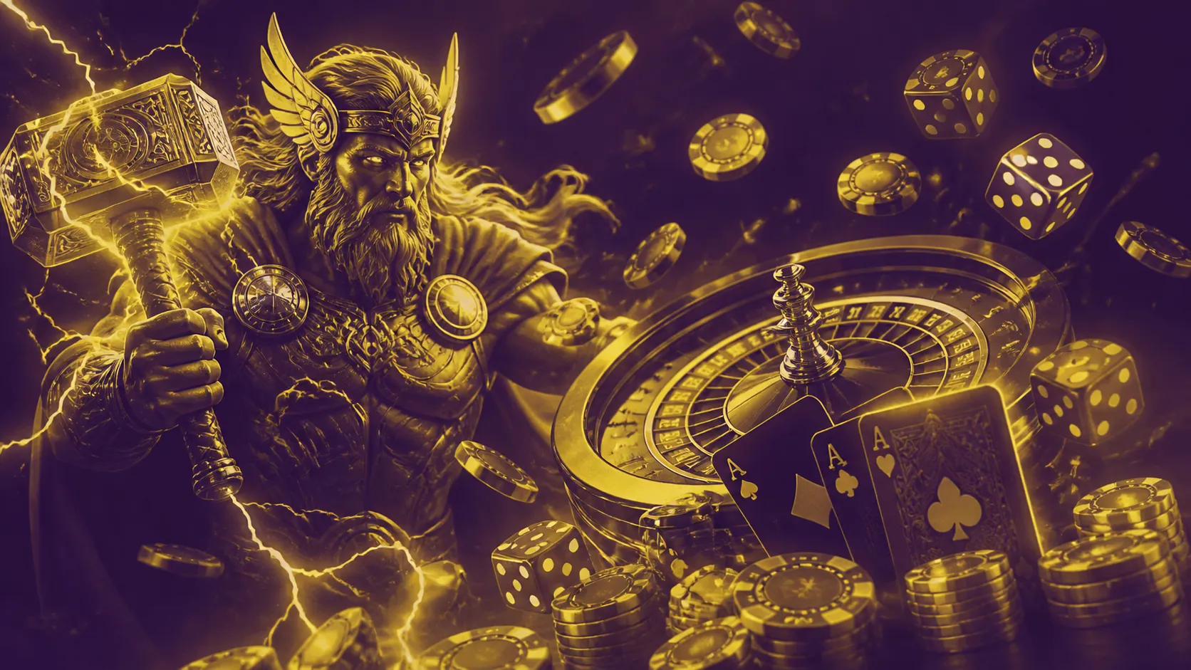 Thorfortune online casino banner with cyberpunk neon aesthetics, featuring a glowing roulette wheel, poker chips, and playing